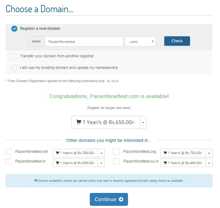 Screenshot showing how to buy web hosting on paceinfonet com step 2